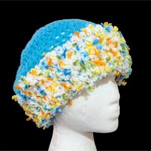 Vintage Handmade Crochet Beanie Teal Blue w/ Multi Fuzzy Trim - 11" Width boho